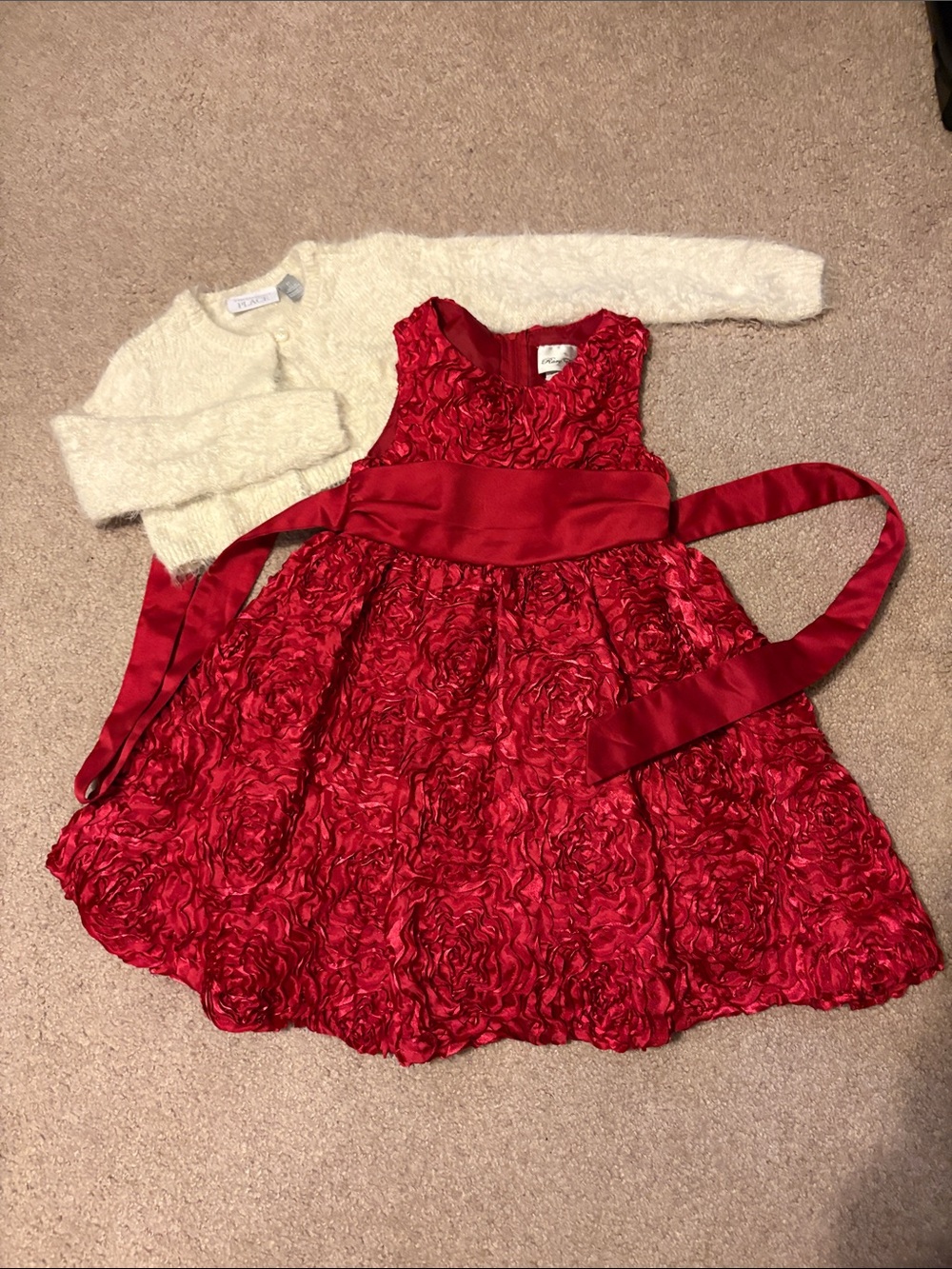 Red Floral Satin Sash Kids Dress Flowers Roses Ivory Cardigan Holiday Christmas